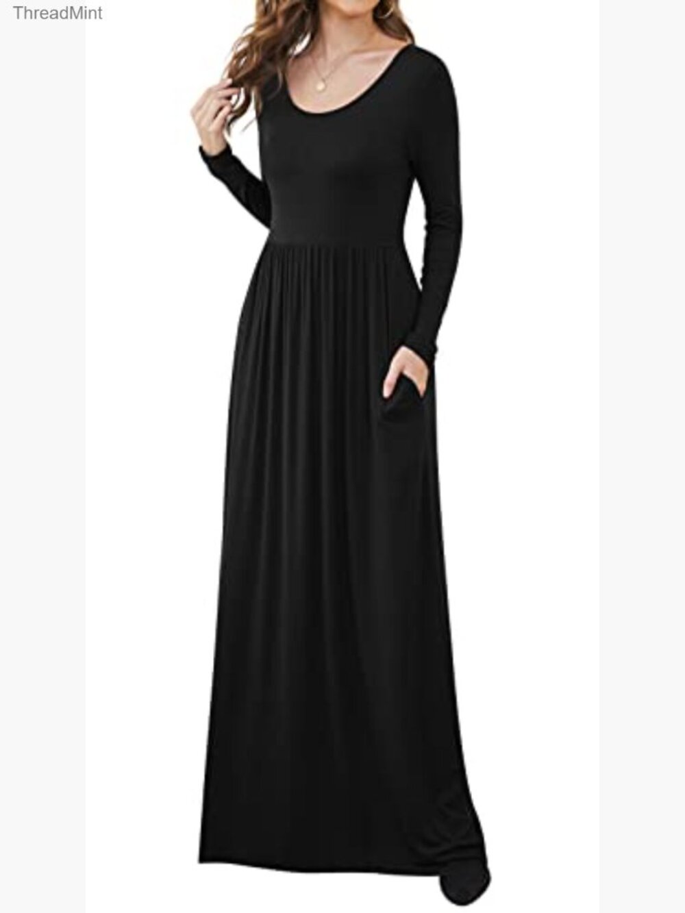 Long Sleeve Maxi Dress Empire Waist with Pockets Casual - Picture 2 of 6